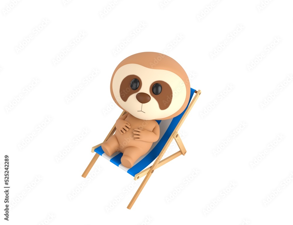 Little Sloth character sit on beach chair in 3d rendering. Little Sloth character sit on beach chair in 3d rendering.