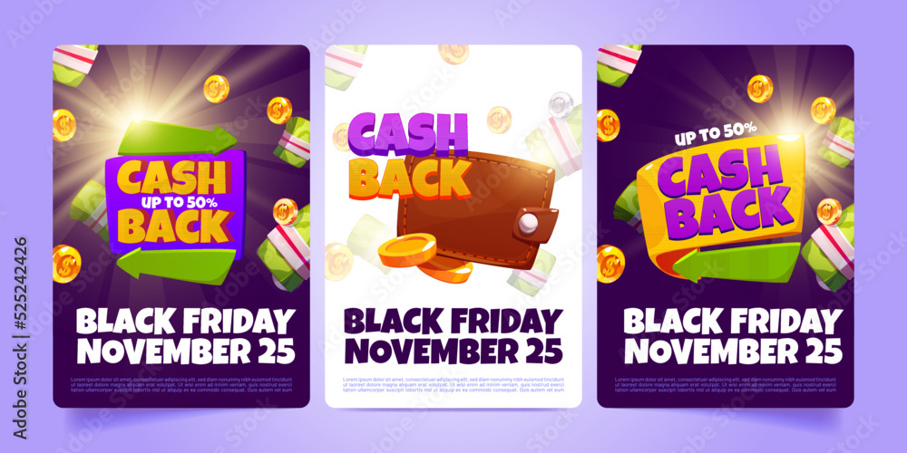 Naklejka premium Black friday flyers with cash back offers. Vector promotion banners of cashback, money refund, sale special offer with cartoon gold coins, currency, arrows and wallet