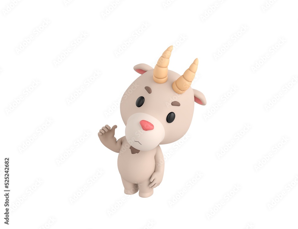 Little Goat character pointing back thumb up empty space in 3d rendering. Little Goat character pointing back thumb up empty space in 3d rendering.