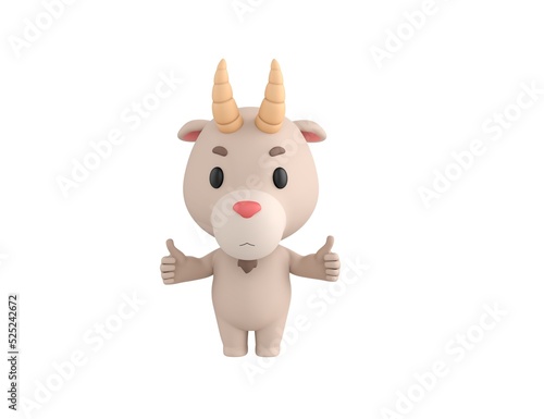 Little Goat character showing thumb up with two hands in 3d rendering.