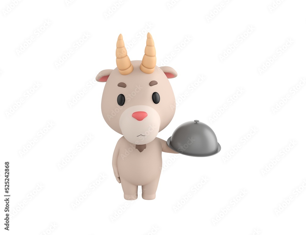 Little Goat character serving a meal under a silver cloche or dome in 3d rendering.