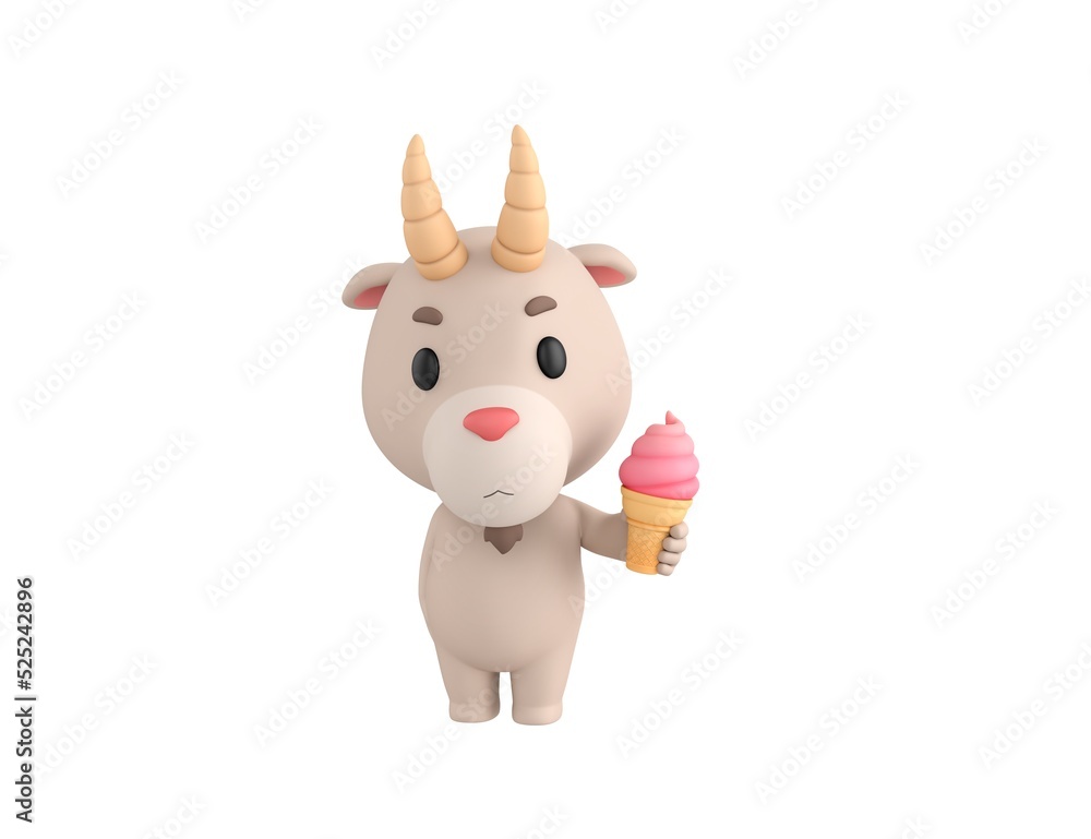 Little Goat character holding strawberry ice cream cone in 3d rendering. Little Goat character holding strawberry ice cream cone in 3d rendering.