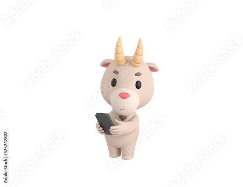 Little Goat character using smartphone and looking to camera in 3d rendering.