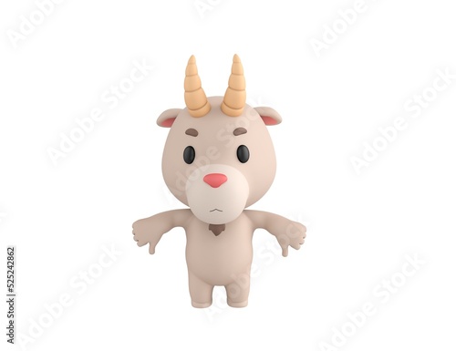 Little Goat character showing thumb down with two hands in 3d rendering.