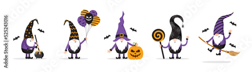 Halloween gnomes. Cute scandinavian elves collection. Dwarf celebrate spooky night. Happy holiday characters. Vector illustration in flat cartoon style.