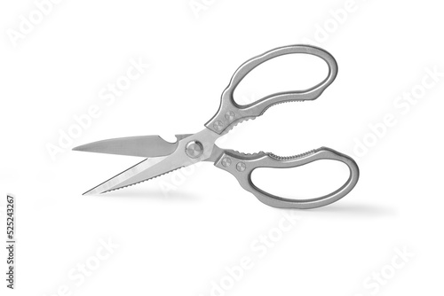 Open kitchen scissors on a white background