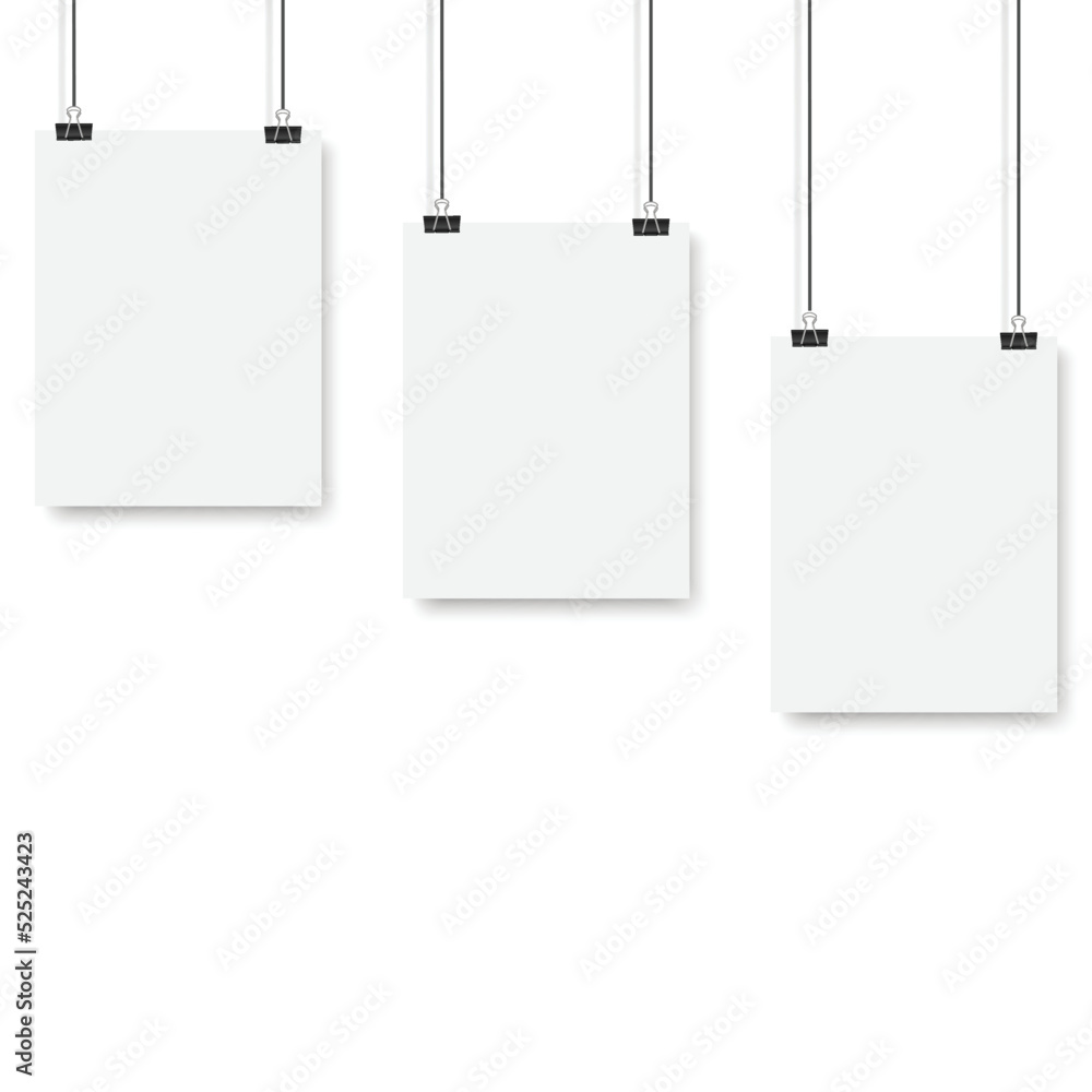 Blank posters hanging on a binder clips. A4 white paper sheet hangs on a rope with clips. Vector Blank posters hanging on a binder clips. A4 white paper sheet hangs on a rope with clips. Vector