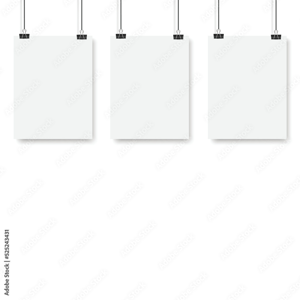 Blank posters hanging on a binder clips. A4 white paper sheet hangs on a rope with clips. Vector Blank posters hanging on a binder clips. A4 white paper sheet hangs on a rope with clips. Vector
