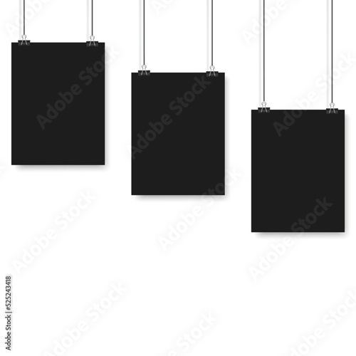 Blank posters hanging on a binder clips. A4 white paper sheet hangs on a rope with clips. Vector