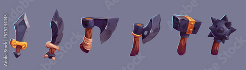 Weapon icons, game items of old axe, mace, sword, dagger and hammer. Medieval knight, roman warrior or viking weapons collection isolated on background, vector cartoon set