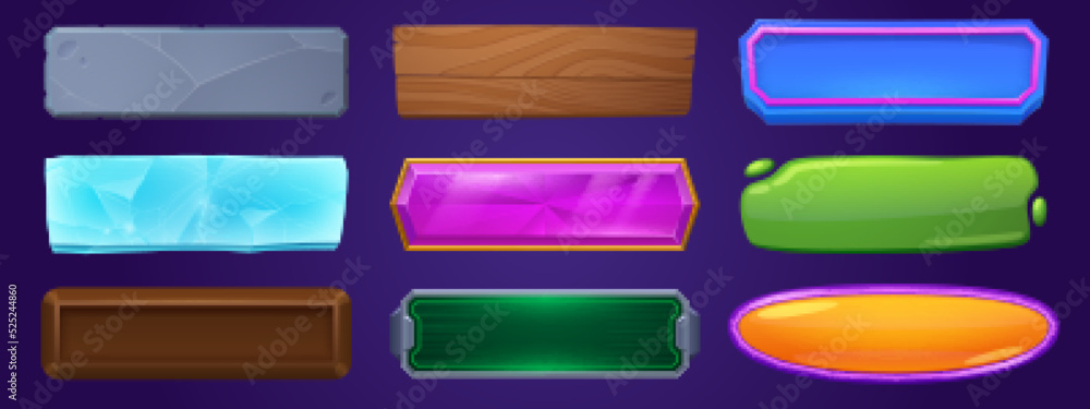 Set of web buttons isolated on background. Cartoon vector illustration of rectangular and oval ui empty bars with colorful ice, stone, wood, germ, glossy, chocolate texture. Game interface elements Set of web buttons isolated on background. Cartoon vector illustration of rectangular and oval ui empty bars with colorful ice, stone, wood, germ, glossy, chocolate texture. Game interface elements