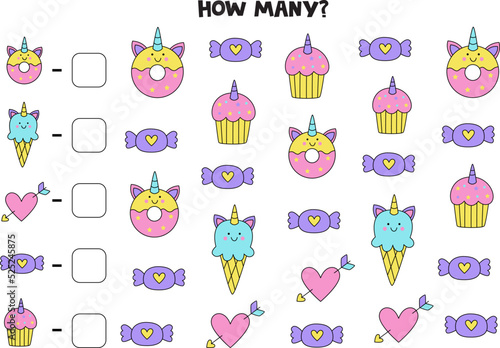 Counting game with cute unicorn pictures. Math worksheet.