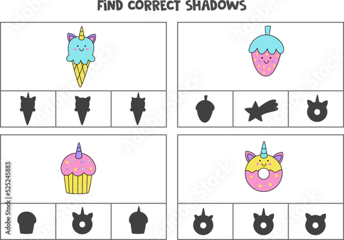 Find correct shadow of cute kawaii pictures. Printable clip card games for children.