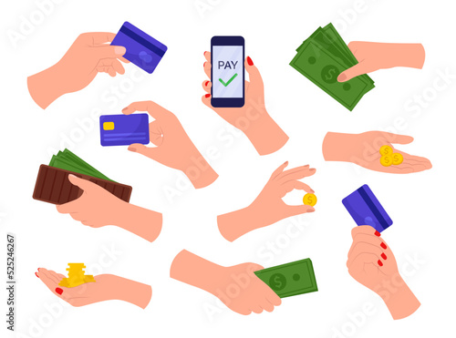 Hands with different payment methods vector illustrations set. Hands holding wallet with money, banknotes or cash, coins, phone and credit card isolated on white background. Payment, banking concept