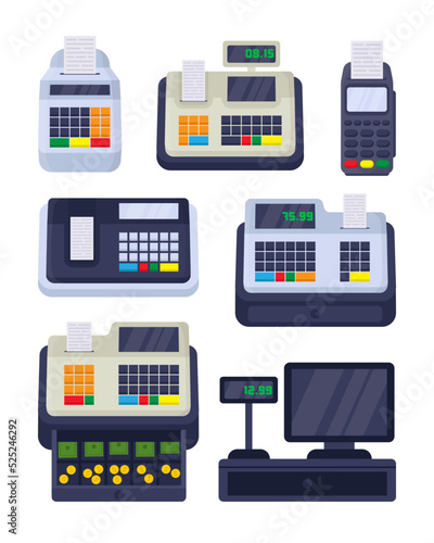 Different cash machines for checkout vector illustrations set. Drawings of POS terminal, fiscal cash register with money, cashier till machine with screen, receipt printers. Equipment, payment concept