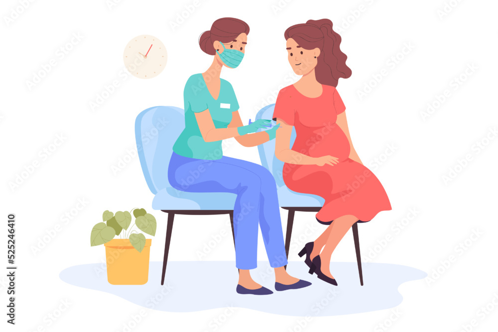 Pregnant woman getting corona vaccine booster. Nurse in mask giving shot or jab to pregnant girl flat vector illustration. Pregnancy, coronavirus, vaccination concept for banner or landing web page - obrazy, fototapety, plakaty 