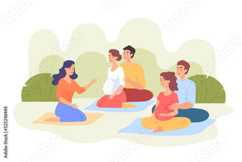 Happy couples attending childbirth course or class. Pregnant women with husbands sitting on floor flat vector illustration. Pregnancy, family, childbirth concept for banner or landing web page