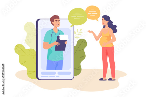 Pregnant woman talking to male doctor via huge mobile phone. Online consultation with gynecologist via smartphone flat vector illustration. Pregnancy, remote work, health, medicine concept for banner