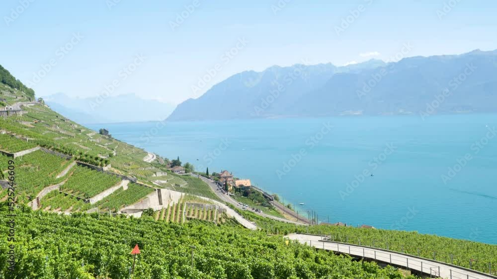 Panoramic view of Vevey at Lake Geneva with vineyards- Switzerland Panoramic view of Vevey at Lake Geneva with vineyards- Switzerland