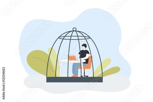 Employee sitting with laptop in closed cage. Tiny man working in self isolation during coronavirus pandemic flat vector illustration. Quarantine concept for banner, website design or landing web page