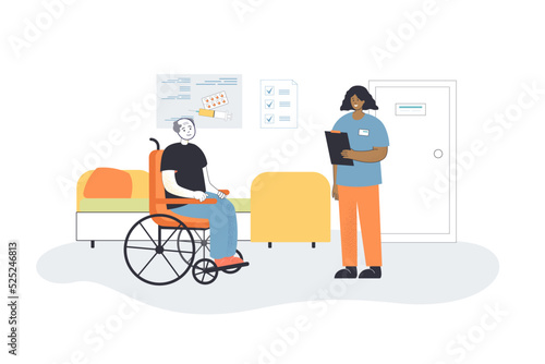 Doctors examination of old patient in hospital. Senior man sitting in wheelchair, talking with nurse flat vector illustration. Medical care concept for banner, website design or landing web page