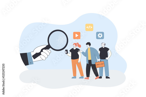 Businessman looking for best employee among tiny people. Hand holding magnifying glass to find candidate flat vector illustration. Vacancy concept for banner, website design or landing web page