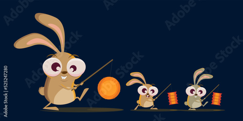 funny cartoon rabbits walking with a lantern