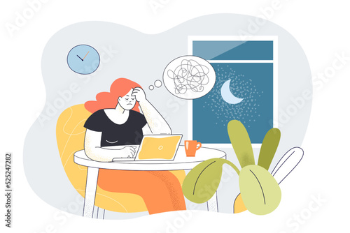 Sleepy tired worker sitting at laptop at night. Busy woman with tangled thoughts working hard overtime flat vector illustration. Stress, deadline concept for banner, website design or landing web page