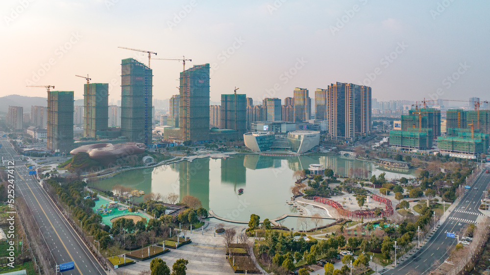 Obraz premium Aerial photography Liyang Museum, Liyang Culture and Art Center, Liyang Yanhu Park, Liyang City, Changzhou City, Jiangsu Province, China