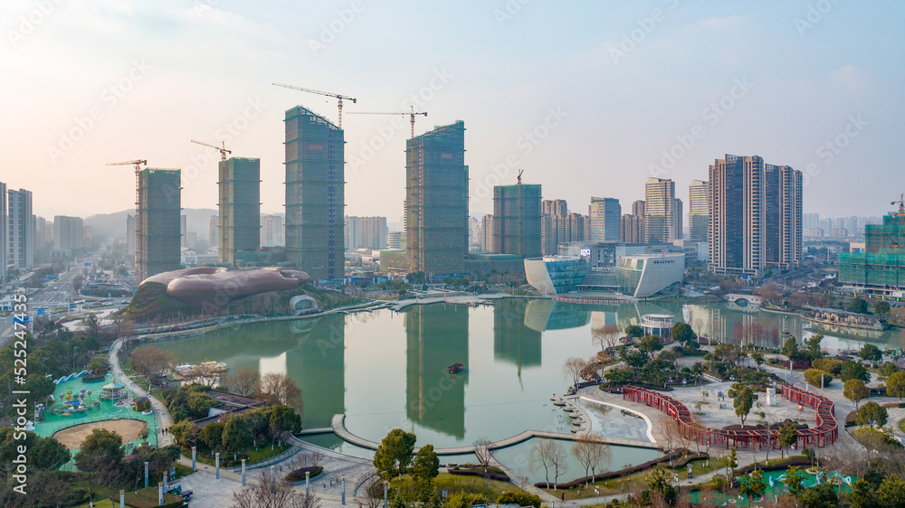 Fototapeta premium Aerial photography Liyang Museum, Liyang Culture and Art Center, Liyang Yanhu Park, Liyang City, Changzhou City, Jiangsu Province, China