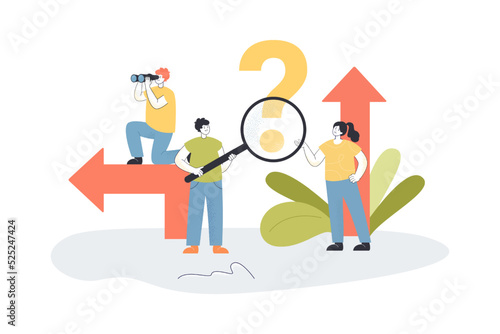 Analysts with magnifying glass and binoculars choosing direction. Tiny people making decision flat vector illustration. Choice, interrogation concept for banner, website design or landing web page