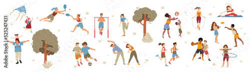 People enjoying outdoor activities, flat character set isolated on white. Parents, kids playing games in park, men, women training, friends doing sports together. Healthy lifestyle vector illustration
