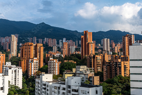 Medellin center  city buildings in the evening, Colombia, South America