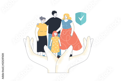 Hands holding tiny mother, father, grandmother and child. Family characters standing with safety shield flat vector illustration. Insurance concept for banner, website design or landing web page