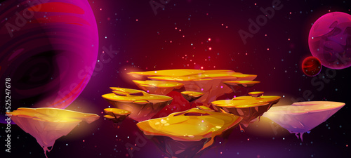 Golden island flying in space cartoon illustration. Yellow pieces of land floating, sparkling in darkness surrounded by stars and planets. Fantasy background, level platforms for game. Vector design