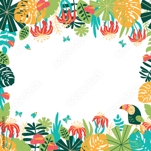 Safari frame. Jungle floral frame. Tropical leaves, palm leaves, frame nature background. Bright rainforest card with jungle tropical flowers, monstera leaves. Vector illustration. Toucan bird.