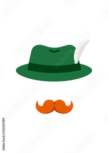 Oktoberfest green tirol hat with feather and mustache icon . German october fest costume. Flat design cartoon style vector illustration.