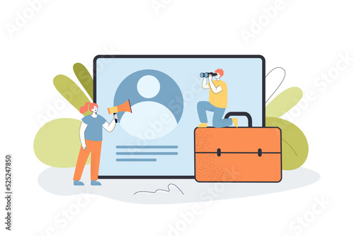 HR employees looking for new candidates. Man and woman with CV form, binoculars and megaphone flat vector illustration. Recruitment, announcement concept for banner, website design or landing web page