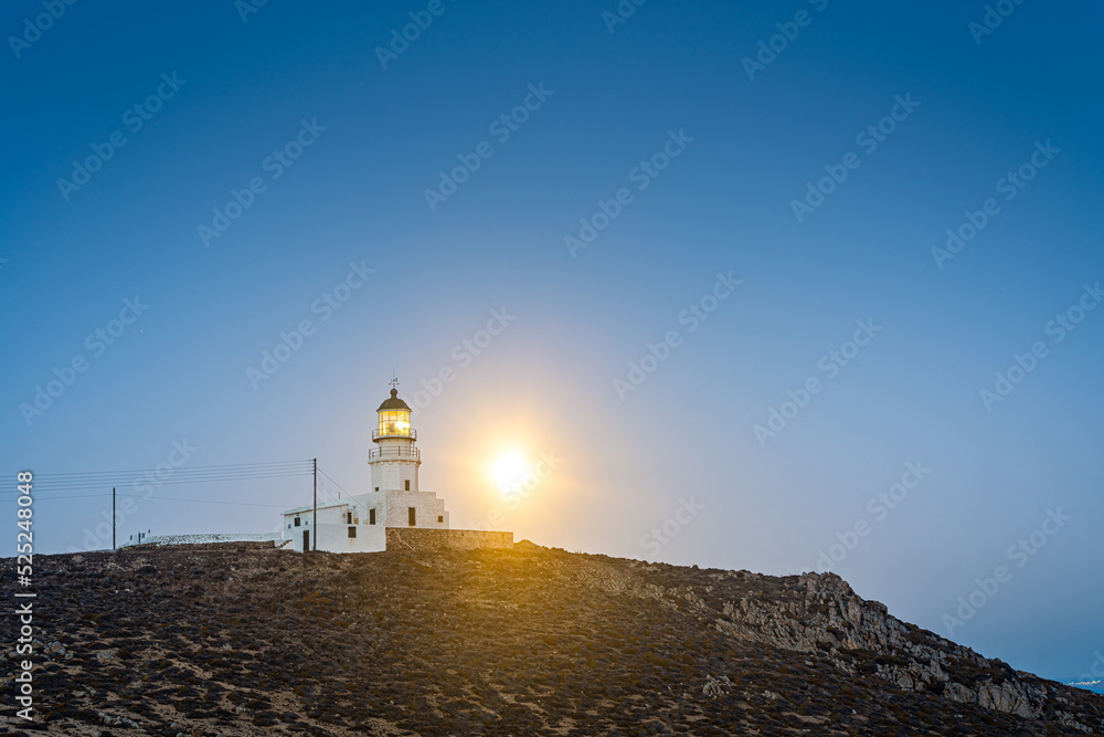 Armenistis Lighthouse, in Mykonos, Aegean Sea, Greece.
