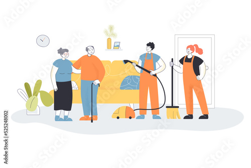 Janitors cleaning house of elderly couple. Man and woman in uniform holding vacuum cleaner and mop flat vector illustration. Cleaning service concept for banner, website design or landing web page