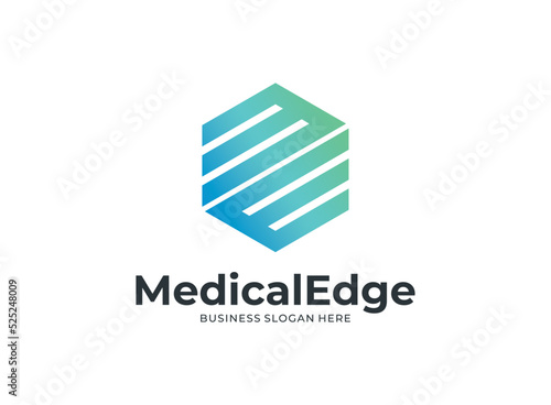 letter M and E monogram square shape logo blue green