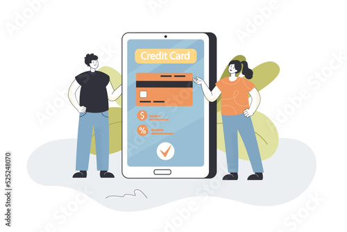 Online payment of people with credit card on phone screen. Tiny man and woman using safe virtual bank service flat vector illustration. NFC concept for banner, website design or landing web page