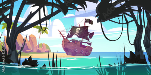 Pirate ship on tropical island, old filibuster boat with black sails and jolly roger skull stuck in sand on sea beach with palm trees and vines. Adventure game 2d scene, Cartoon vector illustration