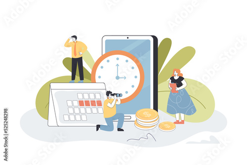 Business people planning projects with calendar. Tiny male, female employees using clock and schedule app flat vector illustration. Productivity concept for banner, website design or landing web page