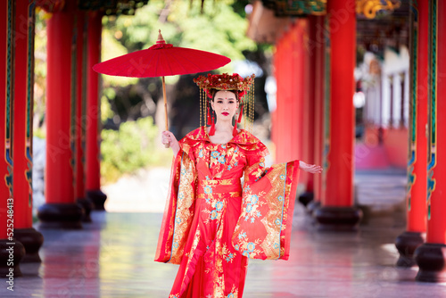 Photography Portrait young beautiful Asian woman wear red cheongsam red