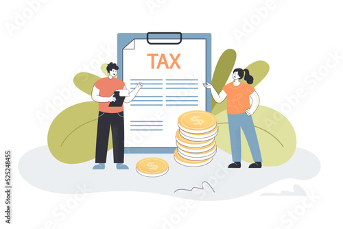 Tiny people paying tax. Man and woman standing with financial paper document and money coins flat vector illustration. Finance, taxation concept for banner, website design or landing web page