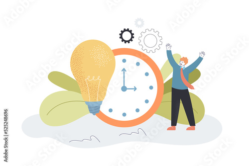 Happy businessman standing near clock and light bulb. Effective time management and success idea of tiny man flat vector illustration. Efficiency concept for banner, website design or landing web page