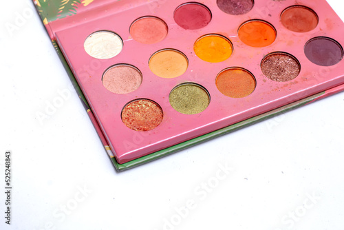Mua and girly concept. Eyeshadow palette on white background.