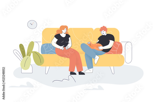 Couple sitting on sofa of home living room with cat. Happy young man holding and stroking pet flat vector illustration. Relationship, family concept for banner, website design or landing web page