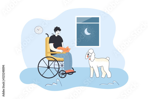 Man in wheelchair with cat in hands sitting by window. Person spending evening time at home flat vector illustration. Disability, pet therapy concept for banner, website design or landing web page